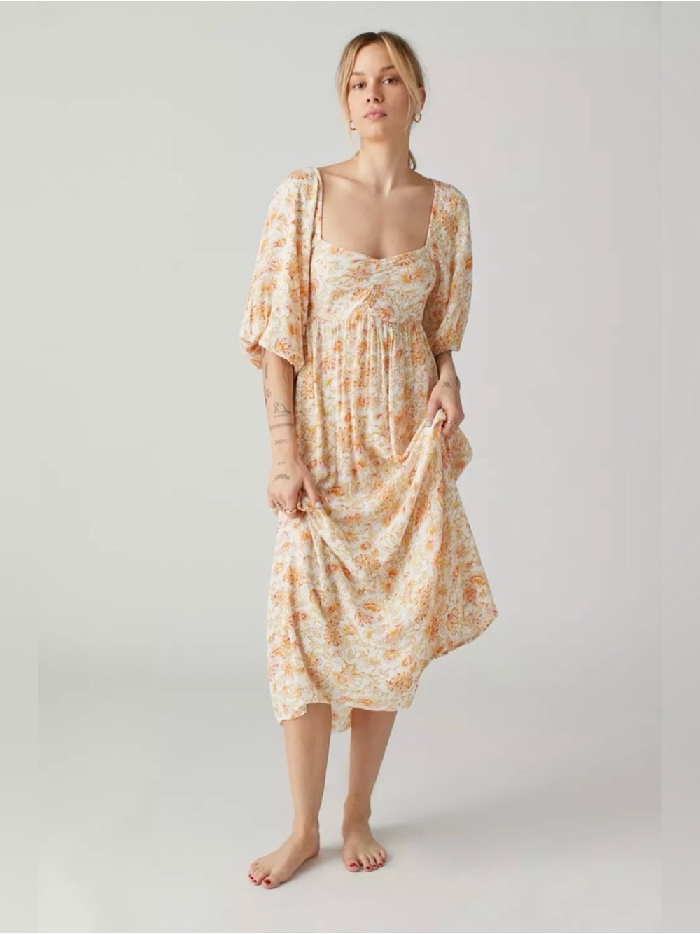 Billabong Cream Floral Puff-Sleeve Midi Dress - Picture 3 of 12